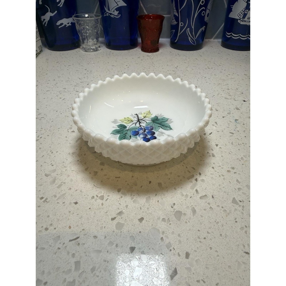 Westmoreland English Hobnail 4 3/4" Hand Painted Grape Bowl Mid Cent Milk Glass